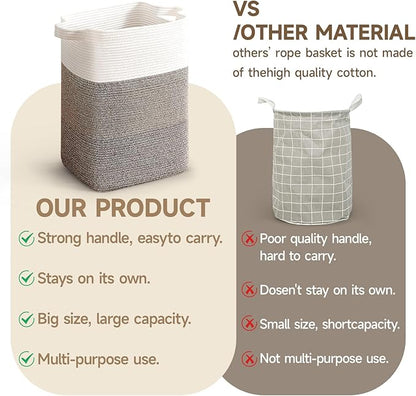 CLHMILY&Z 75L Laundry Hamper Rectangular Cotton Rope Basket - 16x13x22 Inches - Durable and Soft Storage Bin for Clothes, Toys, and Nursery Essentials, Brown & White