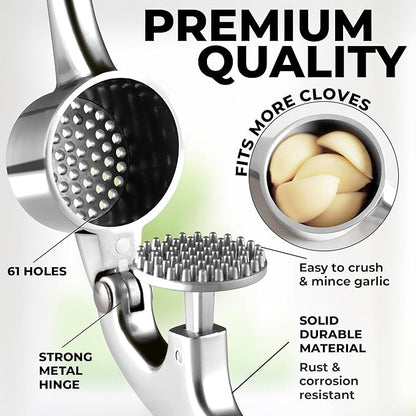 Zulay Kitchen Large Premium Garlic Press Set - Bigger Bowl for Bigger Garlic - Rust Proof & Dishwasher Safe Garlic Mincer Tool - Easy-Squeeze, Easy-Clean Silicone Garlic Peeler & Brush (Chrome)