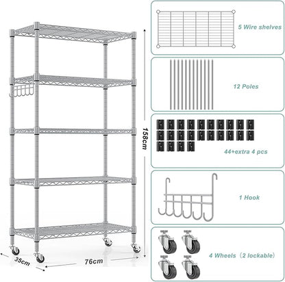 Himimi 5-Tier Storage Shelf Wire Shelving Unit on Wheels, Adjustable Heavy Duty Metal Shelves with Side Hooks, Steel Rack Organization for Kitchen Garage Basement, Silver