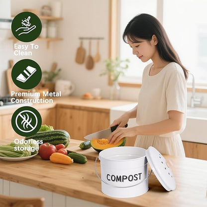 Compost Bin for Kitchen Counter, 1 Gallon Compost Bucket with Lid and Charcoal Filter, Countertop Composter, Rust Proof Indoor Food Waste Bin, White