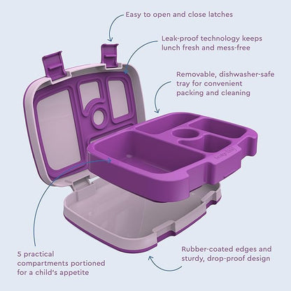 Bentgo Kids Bento-Style 5-Compartment Leak-Proof Lunch Box - Ideal Portion Sizes for Ages 3 to 7 - Durable, Drop-Proof, Dishwasher Safe, PFAS & BPA-Free & Made with Food-Safe Materials (Purple)