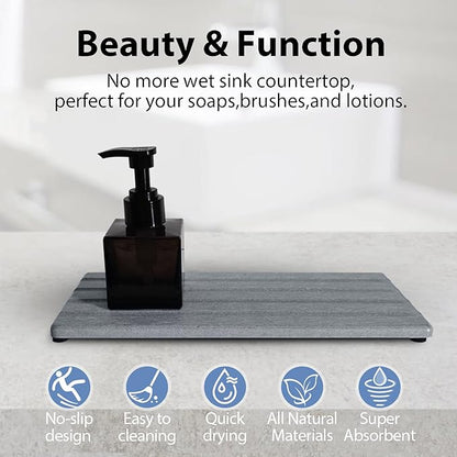 Diatomite Soap Dish, Water Absorbing Stone Tray, Kitchen Sink Organizer, Fast Drying Counter Holder (Grey, 9.5" x 4.7"/24 x 12cm)