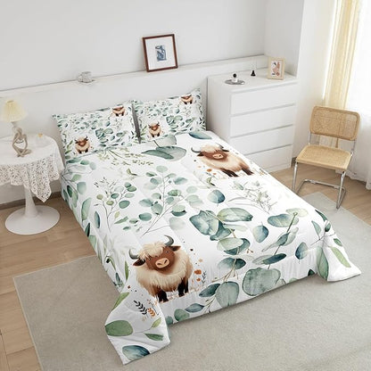 Erosebridal Boys Cartoon Animal Bedding Twin for Kids Toddler Kawaii Cow Comforter Set, Highland Cattle Bull Duvet Insert Western Cowboy Quilt Comforter, Green Eucalyptus Bedding Comforters & Sets