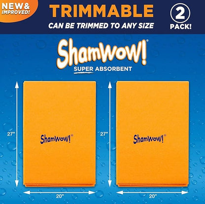 ShamWow Original Super Absorbent Multi-Purpose Cleaning Shammy Chamois Towel Cloth - Holds 10X its Weight in Liquid - Machine Washable - Will Not Scratch (2 Pack, Orange)