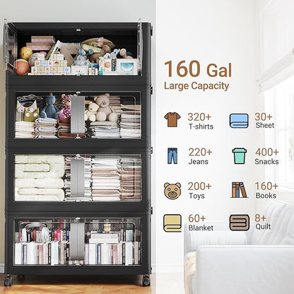 BROVIEW 640QT Stackable Storage Bins with Lids, 160Gal Extra Large Collapsible Storage Box with Wheel, Plastic Storages with Clear Door Open Front for Home Kitchen Garage, Black-4pack