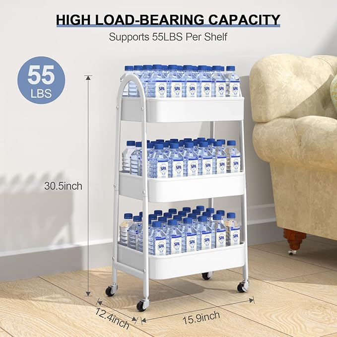 EAGMAK 3 Tier Utility Rolling Cart, Metal Storage Cart with Handle and Lockable Wheels, Multifunctional Storage Organizer Trolley with Mesh Baskets for Kitchen, Living Room, Office, Garage (White)