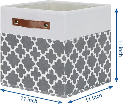 Temary 11x11x11 Cube Storage Bins Cube Organizer Bins 4 Pack Canvas Storage Bin for Home, Cube Storage Basket with Leather Handles(Grey Lattice)