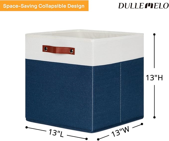 DULLEMELO 13 inch Cube Storage Bins, Gift Baskets Empty for Boy Girl Mother Father Christmas Festival,Fabric Storage Bins Cube Organizer Baskets With Leather Handles(White&Blue-4 Pack)