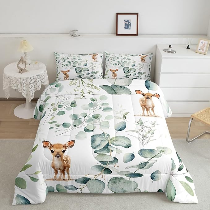 Erosebridal Cartoon Deer Queen Comforter Set Toddler Woodland Wildlife Bedding Set Queen, Plant Bedding Comforter Sets Eucalyptus Leaf Duvet Set, Jungle Animal Theme Quilted Comforter Kids Room Decor
