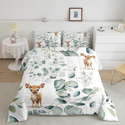 Erosebridal Cartoon Deer Toddler Size Comforter Set Toddler Woodland Wildlife Bedding Set, Spring Plant Down Comforter Eucalyptus Leaf Bed Set, Jungle Animal Theme Quilted Duvet Kids Room Decor
