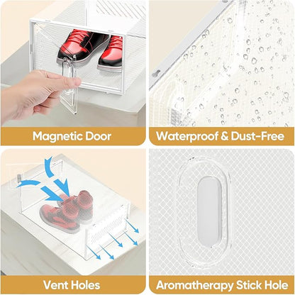 BALEINE 3 Pack Stackable Shoe Storage Boxes Fit Size 11, Thickened Clear Shoe Box Bins with Lids, Plastic Foldable Shoe Rack Organizer Sneaker Storage Containers (X-Large, White)