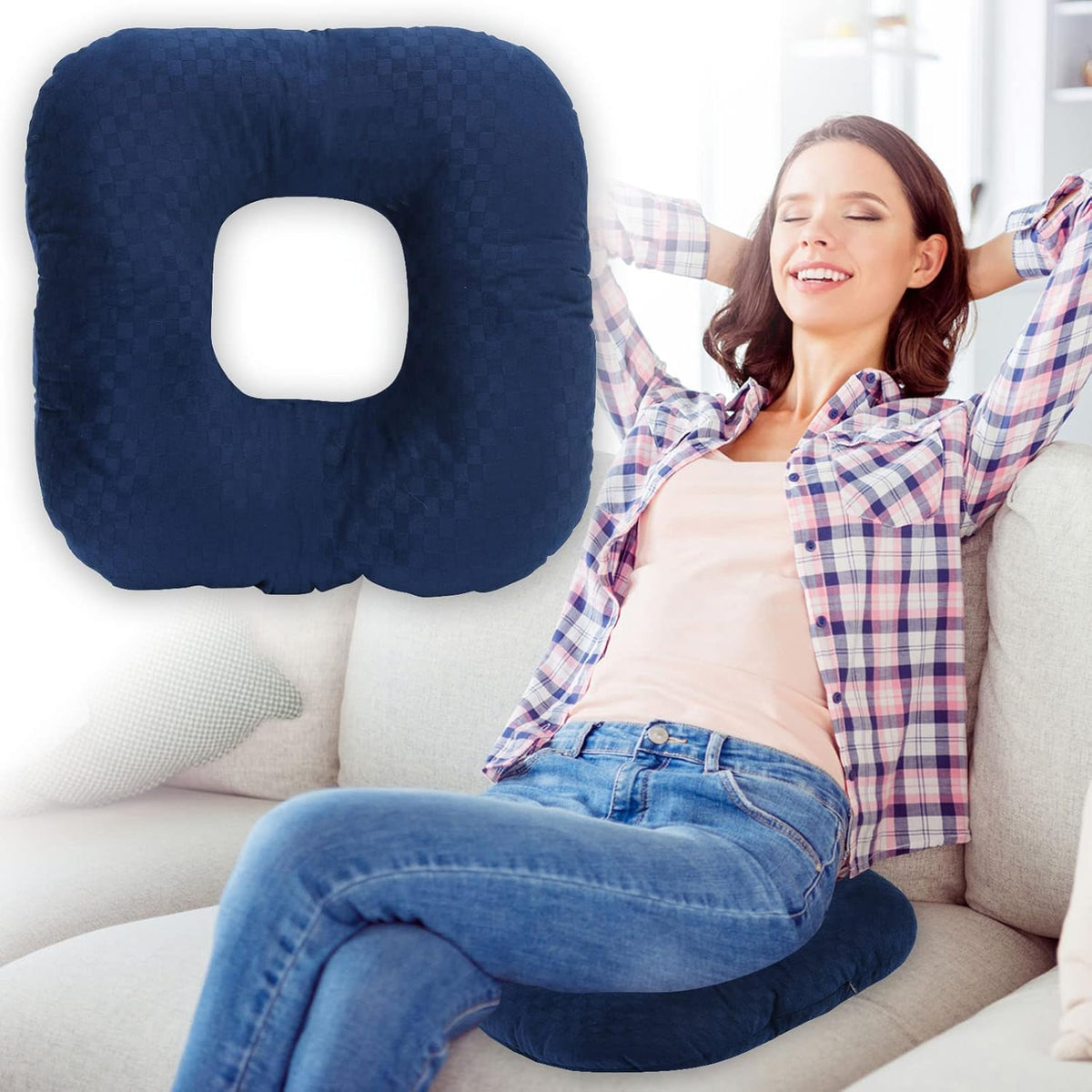 Stuffed Donut Pillow Seat Cushion | for Tailbone and Coccyx Pain, Hemorrhoids, Bed Sores, Pregnancy, Prostate, Surgery Recovery, Sitting Pressure Relief, for Home, Office and Car (Dark Blue)
