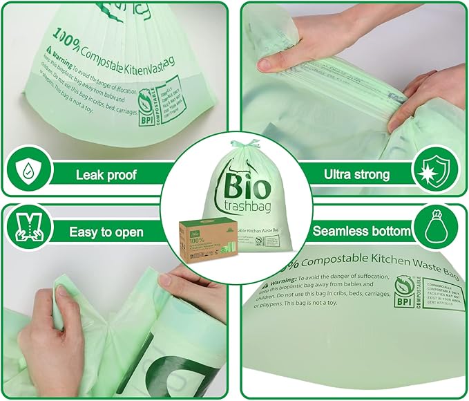 8 Gallon Compostable Trash Bags, 100 Count Drawstring Trash Bags Biodegradable, Heavy Duty Extra Thick Compost Bags, Kitchen Food Scrap Waste Bag, US BPI and OK Compost Home Certified