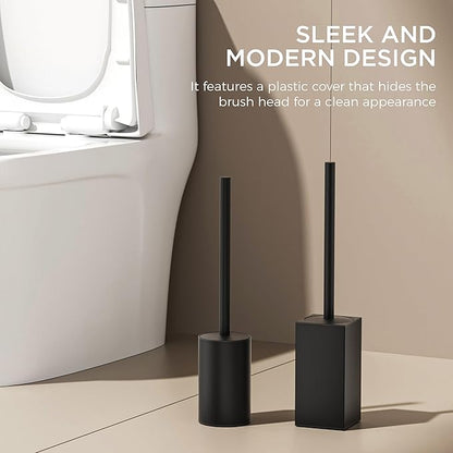 FORIOUS Toilet Brush and Holder Set, 304 Stainless Steel Heavy Duty Base and Handle for Bathroom Deep Cleaning, Toilet Bowl Cleaners Brush with Holder, Space Saving for Storage, Matte Black