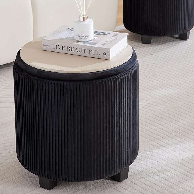 Big Round Ottoman with Storage Set of 2,Upholstered Velvet Vanity Stool for Makeup Multifunctional Foot Rest Coffee Table Padded Seat Tufted Ottomans for Living Room&Bedroom (Black)