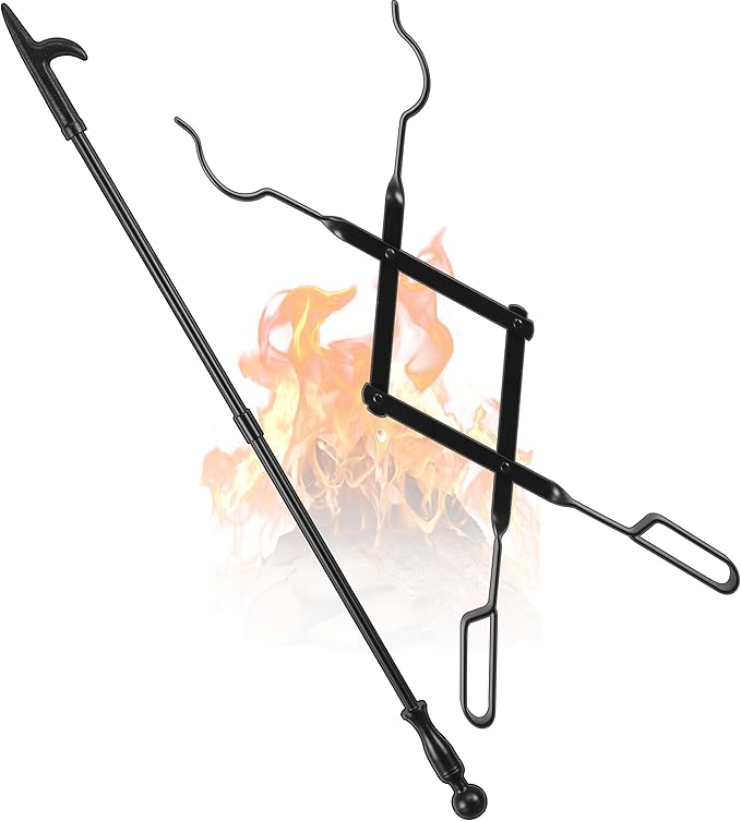 FEED GARDEN 32 Inch Fireplace Poker and 26 Inch Fireplace Tongs Set for Fire Pit Fireplace Tools Accessories Log Grabber Set For Camping Wood Stove Patio Campfire Picnic Indoor Outdoor