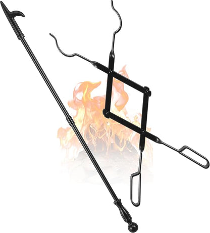FEED GARDEN 32 Inch Fireplace Poker and 26 Inch Fireplace Tongs Set for Fire Pit Fireplace Tools Accessories Log Grabber Set For Camping Wood Stove Patio Campfire Picnic Indoor Outdoor