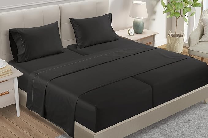 Egyptian Cotton Sheets Split King Size Sheet Set, 800 Thread Count Sateen Weave Hotel Collection Split King Sheet Deep Pockets, Cotton Bed Sheets Fits up to 17" – Black