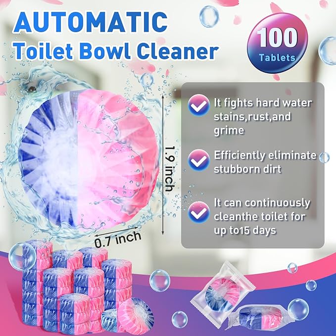 Qualirey 100 Pack Automatic Toilet Cleaner Tablets Toilet Bowl Long Lasting Bathroom Tank Tablets (Pink and Blue)