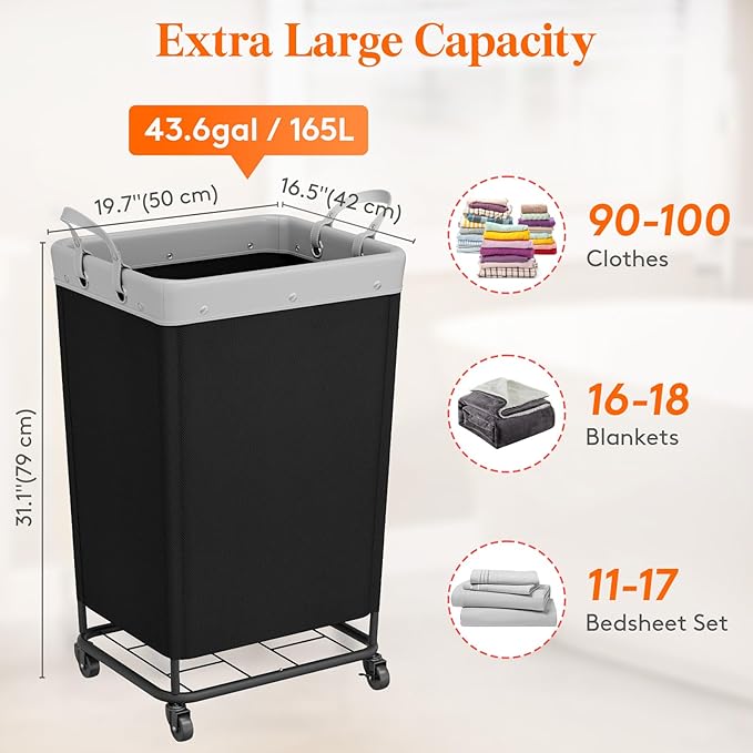 Lifewit 165L Laundry Basket with Wheels, Large Heavy Duty Commercial Rolling Laundry Hamper with Handles, Tall Steel Frame Laundry Cart for Laundry Room Bedroom Hotel Home Dorm, Black