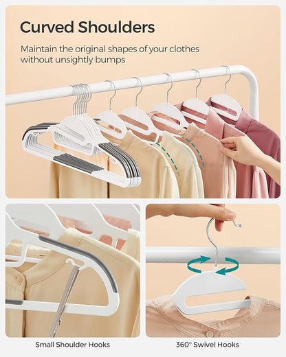SONGMICS 50 Pack Coat Hangers, Heavy-Duty Plastic Suit Hangers, S-Shaped Opening, Space-Saving, 360º Swivel Hook, 16.3 Inches Wide, Cloud White and Dark Gray UCRP041WG03