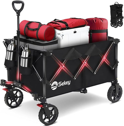 Sekey Collapsible Foldable Wagon with 330lbs Weight Capacity, Heavy Duty Folding Wagon Cart with Big All-Terrain Wheels & Drink Holders. Black