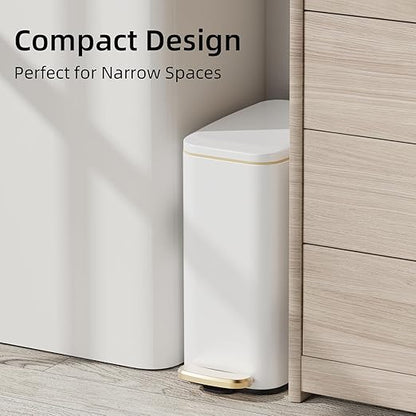 KUK Slim Bathroom Trash Can with Lid, 1.6 Gal / 6L Stainless Steel Small Garbage Bin with Detachable Inner Bucket, Step Pedal, Silent Close, Wastebasket for Toilet, Bedroom, Home, Office (White)