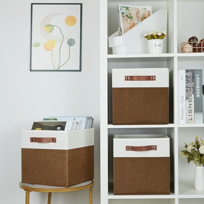 HNZIGE Fabric Cubes Storage Bins Set of 4,11 x 11 Clothes Storage Cube Baskets,Cube Organizing Bins for Shelves with Handles,Canvas Baskets for Organizing Home(Brown White)