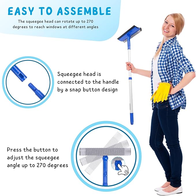 Window Cleaner Tool for Home with 20''-30'' Extension Pole, Squeegee for Car Windshield Cleaning, Glass Washer for Shower Doors, Mirror