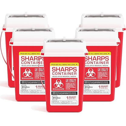 Sharps Container Large - Sharps Containers for Home Use and Labs - Portable Needle Disposal and Travel Size Biohazard Bin - 1 Quart (Pack of 5)