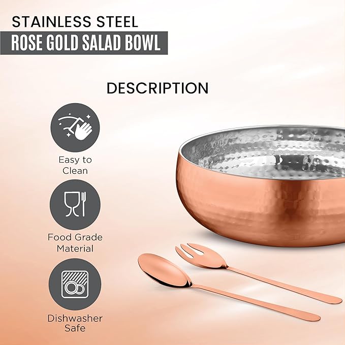 Avador® Set of 3 Premium Stainless Steel Salad Mixing Bowl Hammered Finish | Handmade | Includes Salad Serving Utensils (Rose Gold)