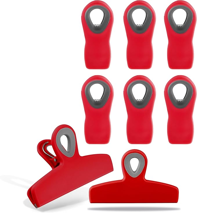 COOK WITH COLOR Bag Clips - Heavy Duty Chip Clip and Refrigerator Magnet Clips for Food Storage with Air Tight Seal Grip, Red, Pack of 8