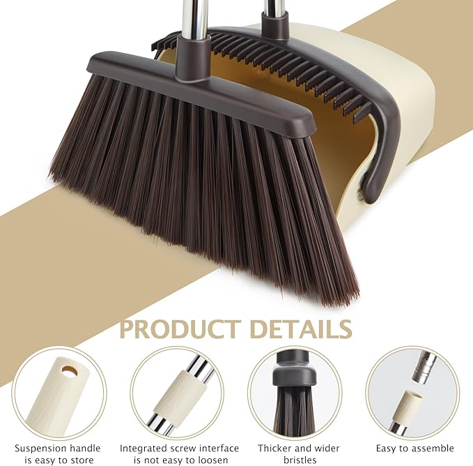 Broom and Dustpan Set with Long Handle, Heavy Dust Broom and Dustpan Combo for Home，Kitchen, Office, Pet Hair(Beige)