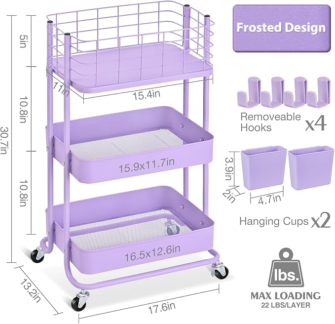 KINGRACK 3 Tier Rolling Cart, Metal Mobile Storage Shelf with Lockable Wheels, Prevent Falling Utility Trolley Cart, Storage Organizer for Kitchen, Office, Bathroom, Dorm, Purple
