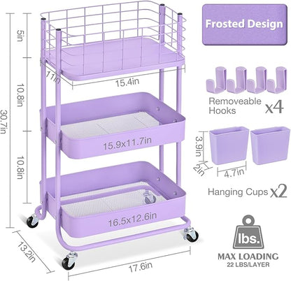 KINGRACK 3 Tier Rolling Cart, Metal Mobile Storage Shelf with Lockable Wheels, Prevent Falling Utility Trolley Cart, Storage Organizer for Kitchen, Office, Bathroom, Dorm, Purple