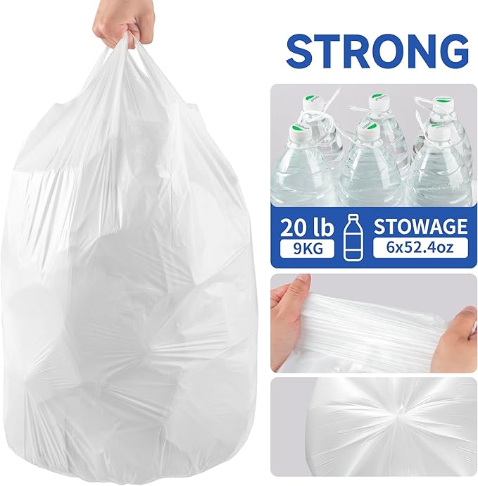 Small Trash Bags with Handles 8 Gallon 40 Count White - Ocean Plastic Upcycling - Plastic Garbage Bags, Can Bin & Waste Basket Liner for Kitchen, Bathroom, Office and Pets