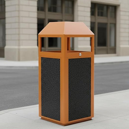 Commercial Metal Outdoor Trash Can with Lid, Lockable Outdoor Garbage Can with Nature Stone Panels, Heavy-Duty Rustproof Trash Bin with Removable Liner for Parks & Public Spaces