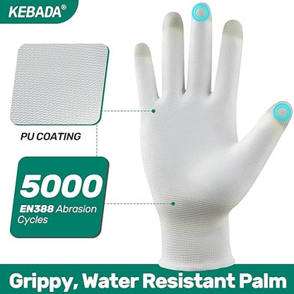 Kebada W1 Work Gloves for Men and Women, PU Coated Safety Gloves with Grip, Touchscreen, Ideal for Warehouse Package Handling, Construction, Gardening, White X-Large