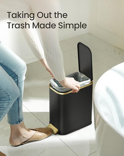 Cesun Small Bathroom Trash Can with Lid Soft Close, 5 Liter/1.3 Gallon Stainless Steel Garbage Can with Removable Inner Bucket, Step Pedal, Slim Waste Basket for Toilet, Office, Bedroom (Black&Gold)