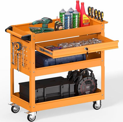 3 Tier Rolling Tool Cart on Wheels, Heavy Duty Service Cart Industrial Utility Cart with Drawer and Screwdriver Rack Pegboard, 550 LBS Mobile Tool Storage Organizer for Garage, Workshop (Orange)