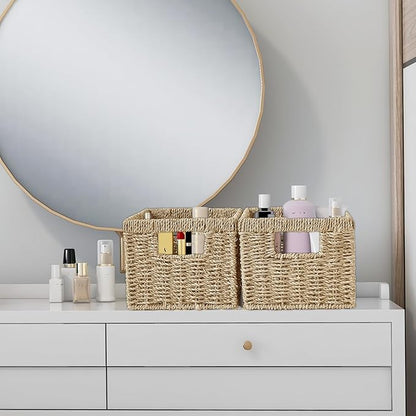 Seagrass Wicker Basket, Decorative Woven Baskets with Built-in Handles, Hand-woven Storage Organizer for Organizing Pantry, Shelves, Laundry, Livingroom, Bedroom, Toilet(2-PACK, Natural)
