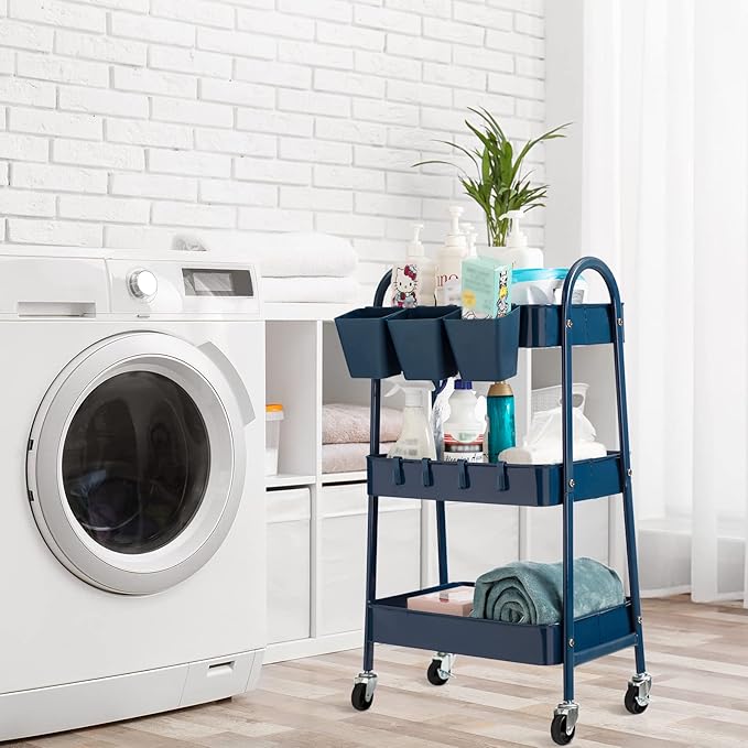 danpinera 3-Tier Rolling Cart, Metal Rolling Storage Cart with Lockable Wheels & Hanging Cups & Hooks, Mobile Trolley Cart for Kitchen, Bathroom, Office, Workshop, Dark Blue