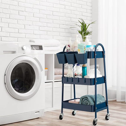 danpinera 3-Tier Rolling Cart, Metal Rolling Storage Cart with Lockable Wheels & Hanging Cups & Hooks, Mobile Trolley Cart for Kitchen, Bathroom, Office, Workshop, Dark Blue