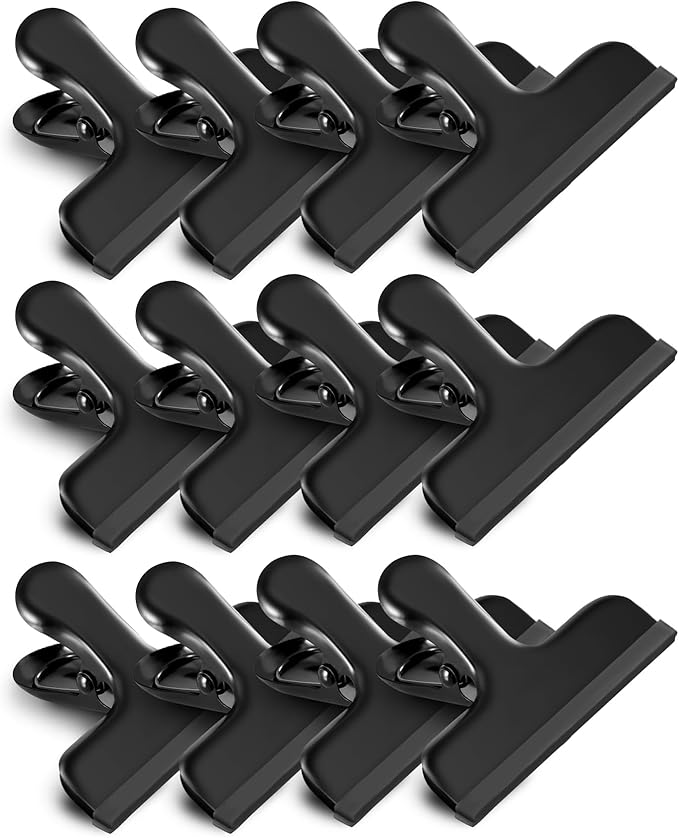 HOUSE AGAIN 12 Pack Stainless Steel Chip Bag Clips Covered with Silicone - NO More Sharp Edges - Color Coded for Food Bags - Air Tight Seal, Heavy Duty for Kitchen and Office, 3 Inches Wide, Black