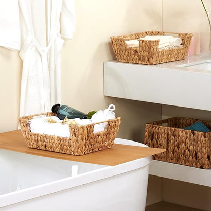 Water Hyacinth Wicker Basket 2 Pack With Handles - Pantry Storage and Organization, Handmade Large Natural Baskets for Organizing