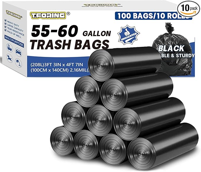 55-60 Gallon Trash Bags Heavy Duty 2.1 Mil - 39''x55'' 100 Count Extra Thick Black Garbage Bags Unscented Strong Huge Can Liners for Construction Industrial Yard Outdoor Commercial