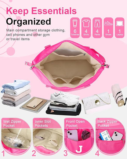 Overnight Bag for Kids Teen Girls Weekender Dance Bag Birthday Graduation Gifts,Initial Travel Duffel Bag Sports Gym Bag Personalized Weekender Bag Carry On Bags Preppy Gifts for Women(Hot Pink, J)