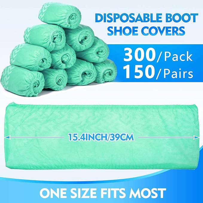 Zhanmai 300 Pack Disposable Shoe Covers Non Slip Disposable Large Foot Booties Shoe Covers for Indoors Contractors Floor and Carpet Protectors, One Size Fits Most(Green)