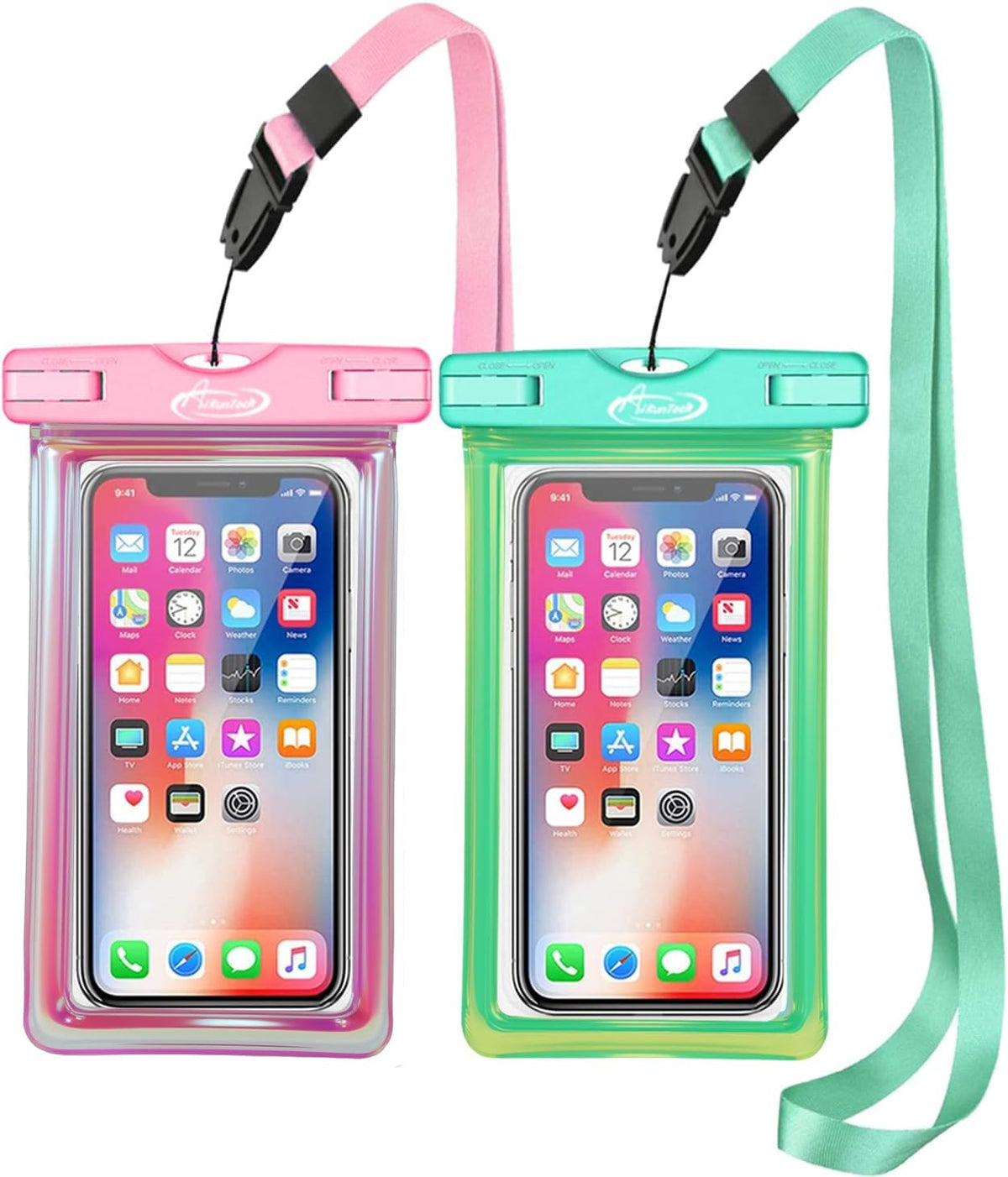 AiRunTech Waterproof Phone Pouch,Floating Waterproof Phone Case with Adjustable Lanyard,Beach,Cruise,Vacation Essentials,Summer Travel Phone Protector-2 Pack(Green + Pink)