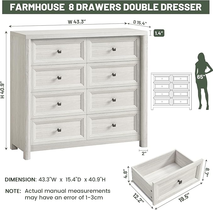 41" Tall White Dresser, Farmhouse 8 Drawers Dressers for Bedroom, Vertical Chest of Drawers for Bedroom Nursery with Metal Handle, Modern Rustic Wood Dresser for Closet, Living Room